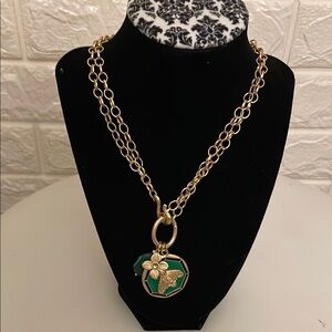 Chico's Gold Chain Necklace with Green Pendant and Flower Charm